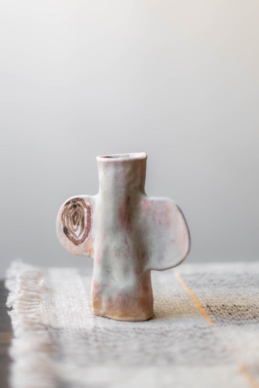 Pink and Bluey Grey with Brown Circles Candlestick by Alice Johnson