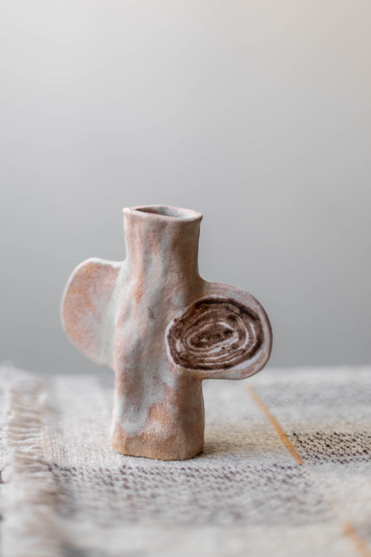 Pink and Bluey Grey with Brown Circles Candlestick by Alice Johnson