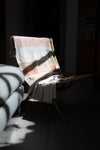 Hand-woven Alpaca Throw, Pale Blue & Coral Warp by Catarina Riccabona