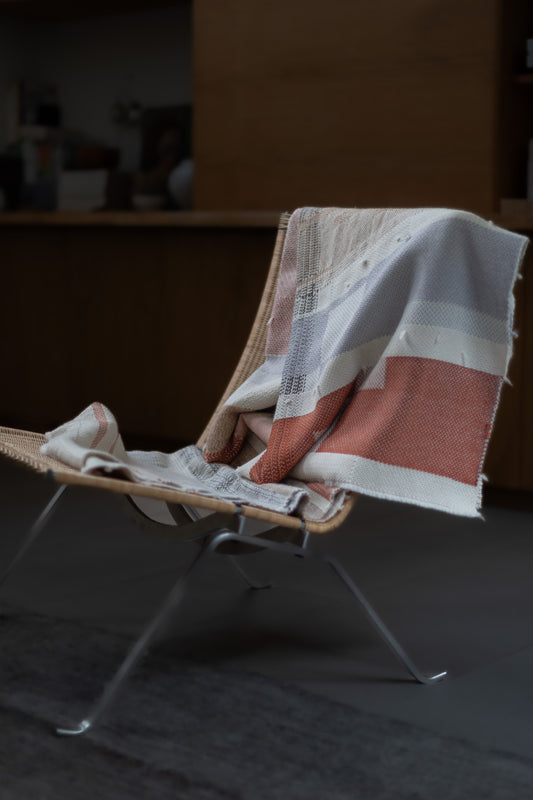 Hand-woven Alpaca Throw, Pale Blue & Coral Warp by Catarina Riccabona