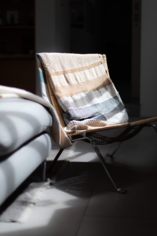 Hand-woven Alpaca Throw, Sage Green, Caramel Brown & Charcoal Warp by Catarina Riccabona