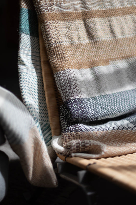 Hand-woven Alpaca Throw, Sage Green, Caramel Brown & Charcoal Warp by Catarina Riccabona