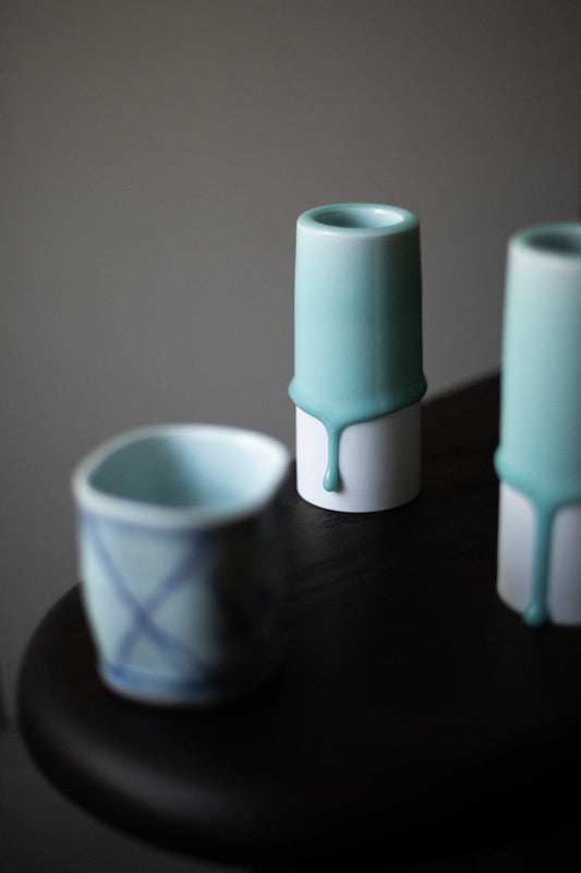 White Porcelain & Celadon Cylinder, Medium by Jae Jun Lee