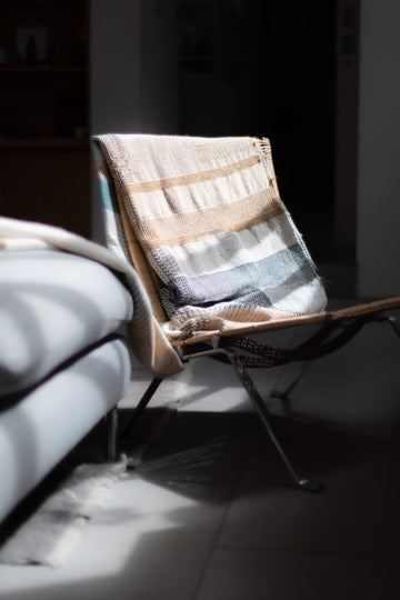 Hand-woven Alpaca Throw, Sage Green, Caramel Brown & Charcoal Warp by Catarina Riccabona