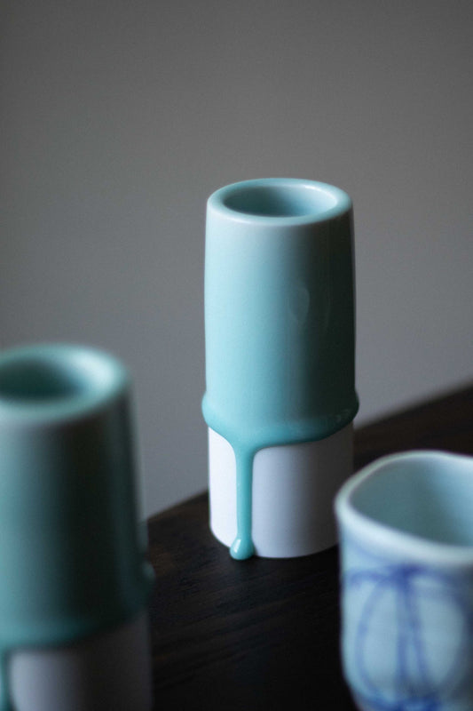 White Porcelain & Celadon Cylinder, Large by Jae Jun Lee