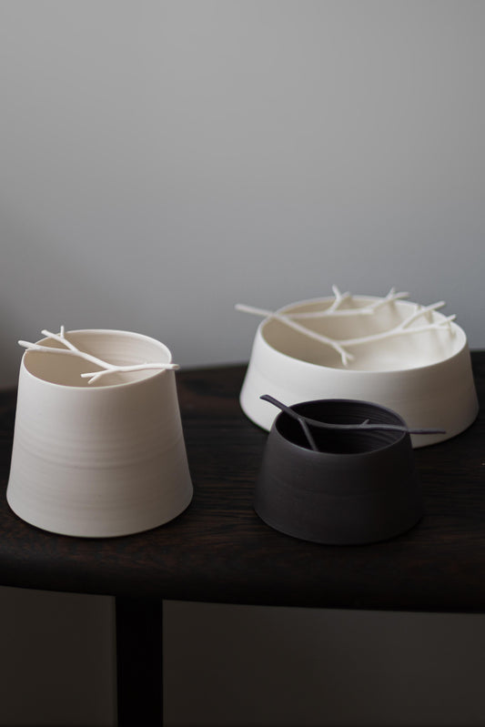 Porcelain twig Flint vessel I by Elaine Sheppard Bolt