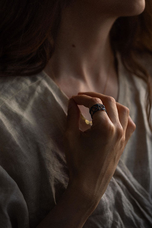 Constalaition Ring in Oxidised Silver with Black Diamonds