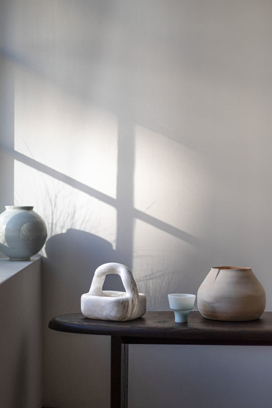 Basket Sculpture in White Translucent Alabaster by Oliver Cook