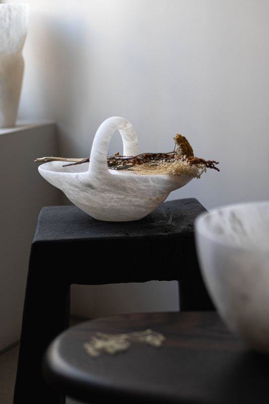 Basket Sculpture II in White Translucent Alabaster by Oliver Cook